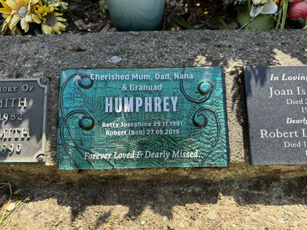 Humphrey Slumped glass in kelly green memorial plaque NZ