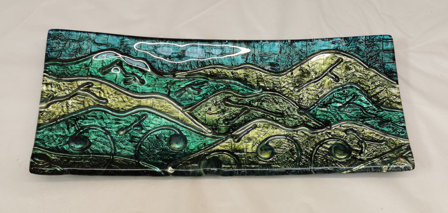 handpainted landscape long tray platter hand painted and hand drawn - made in new zealand - glass - slumped glass
