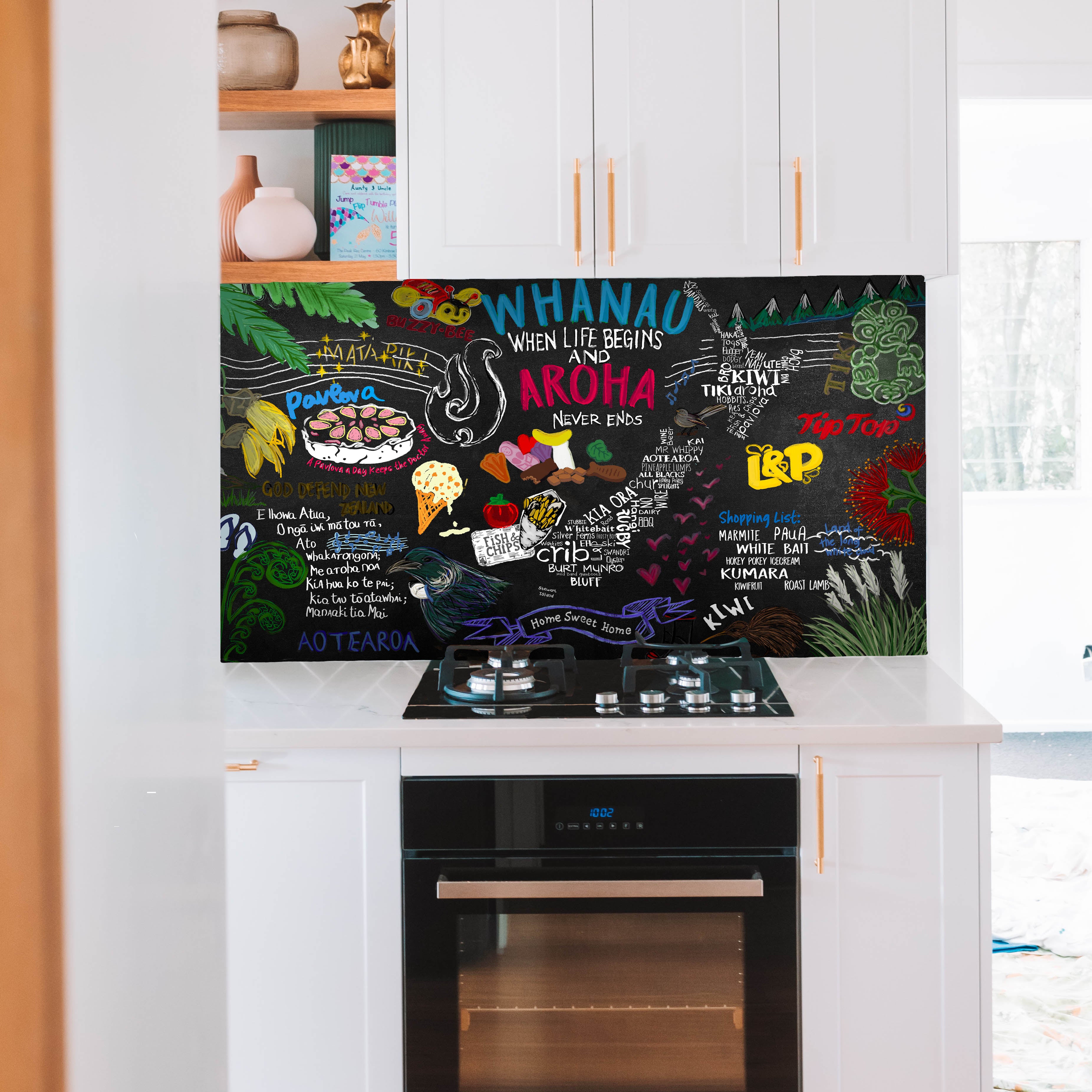 Kiwiana Custom splashback by Ella Sim at Escape Glass - black