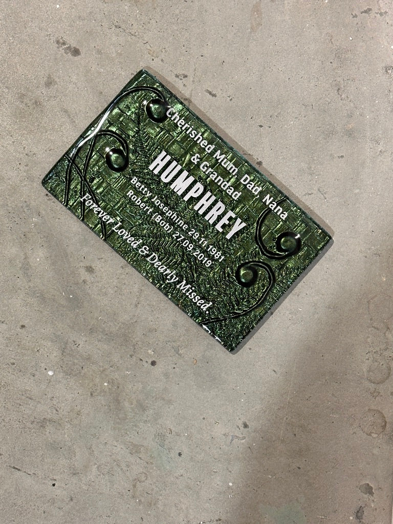 Slumped glass in Kelly Green memorial plaque NZ