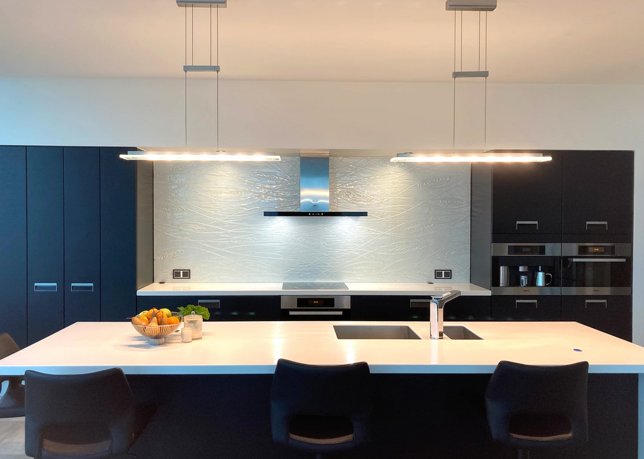swirls on low iron glass kitchen splashback opononi resene