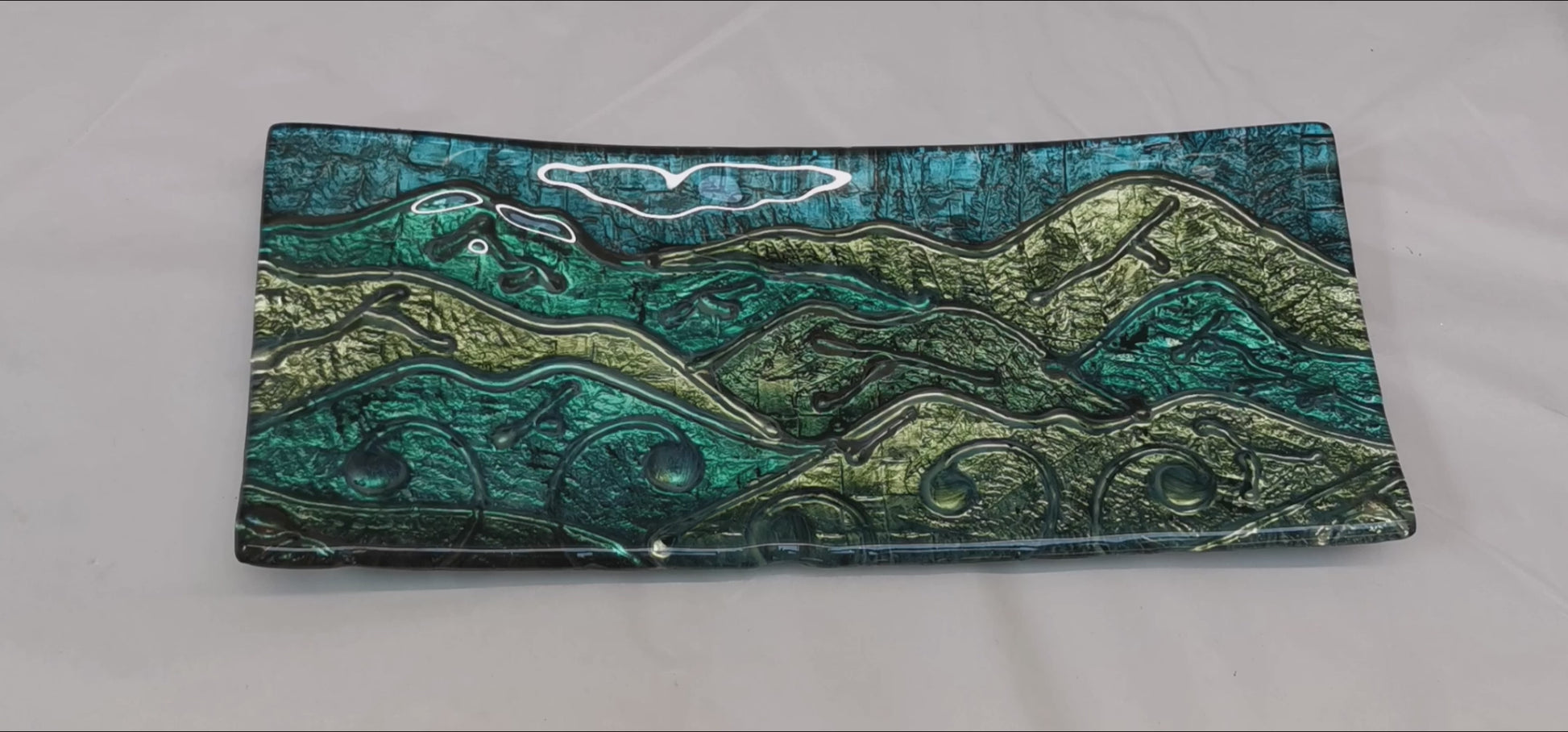 handpainted landscape long tray platter hand painted and hand drawn - made in new zealand - glass - slumped glass