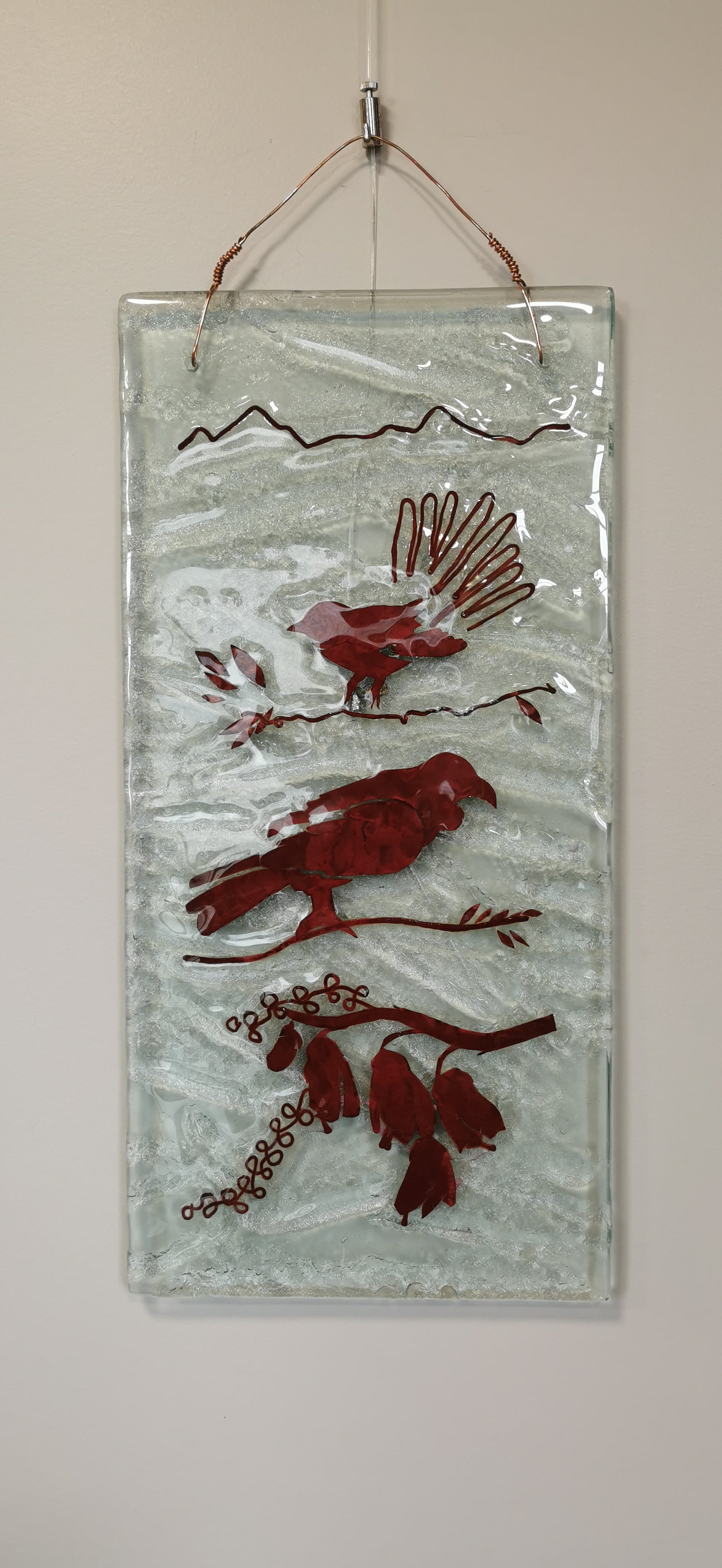 Copper and Glass Fantail and Tūi wall art piece. Fused glass with copper entwined