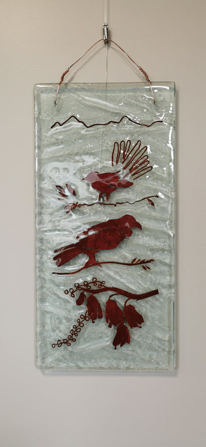 Copper and Glass Fantail and Tūi wall art piece. Fused glass with copper entwined