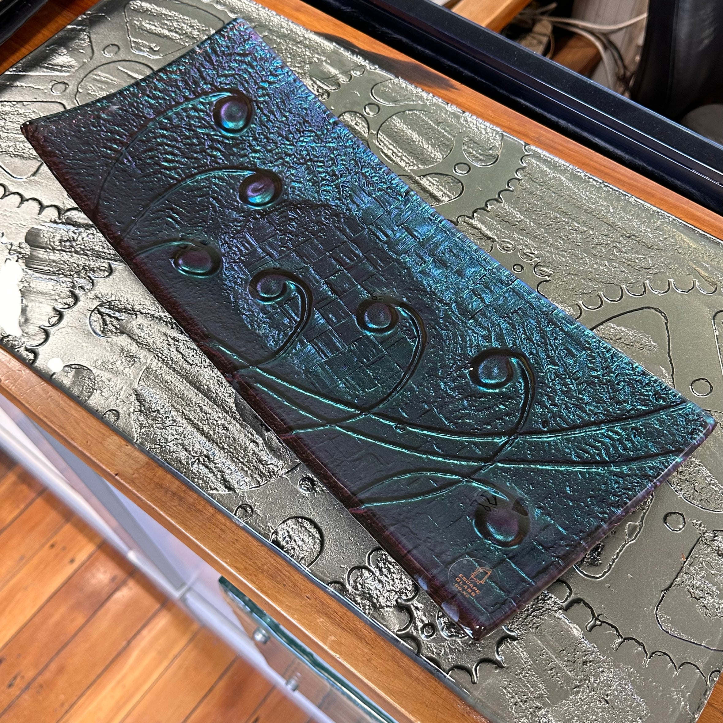 Sushi food platter from glass - kaleidoscope paua colour