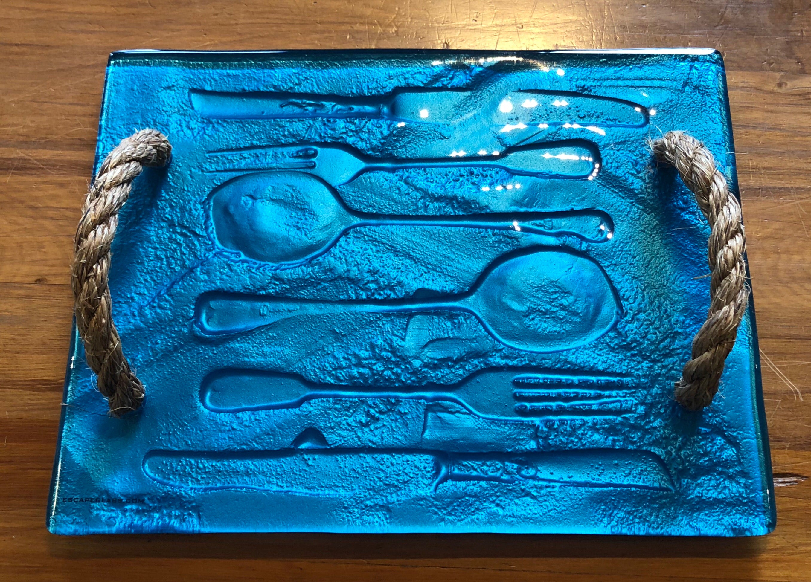 Turquoise Blue cutlery glass print tray serveware platter with rope handles