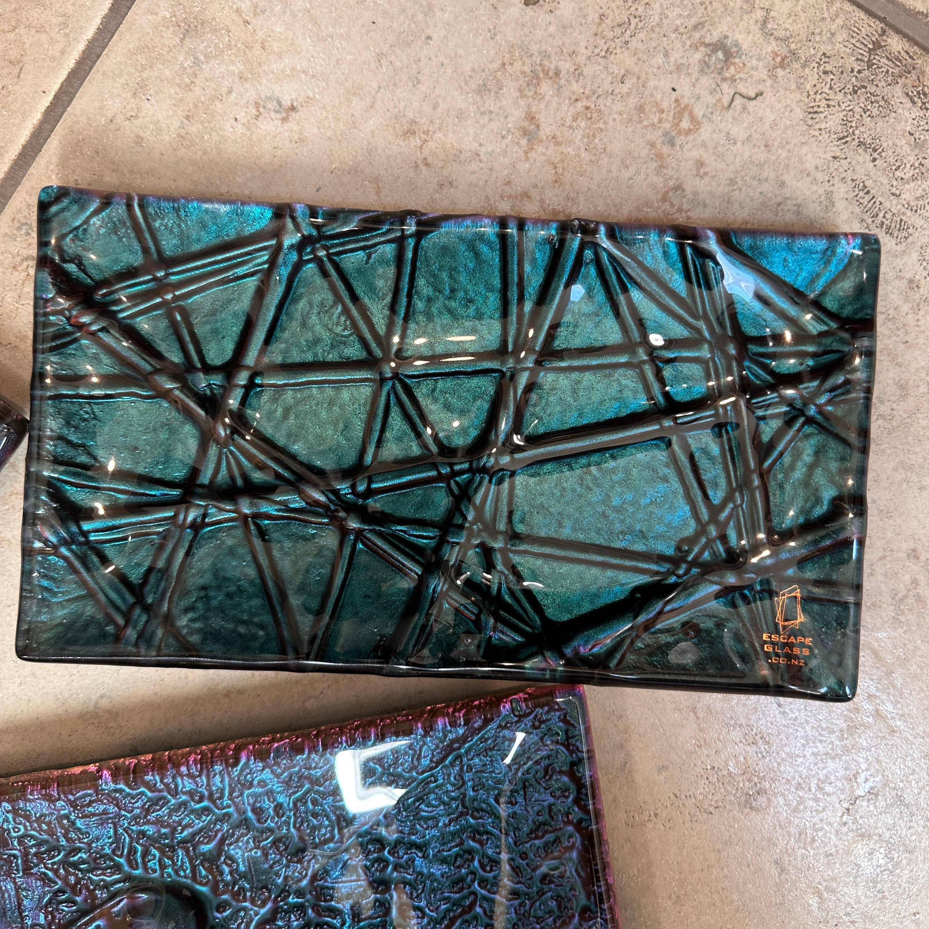 Glass trinket tray - green - plate - slumped glass platter with koru and ferns
