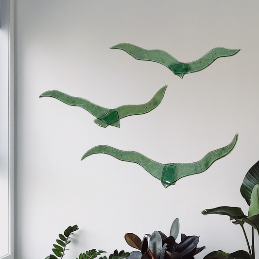Extra large bird trio in green glass