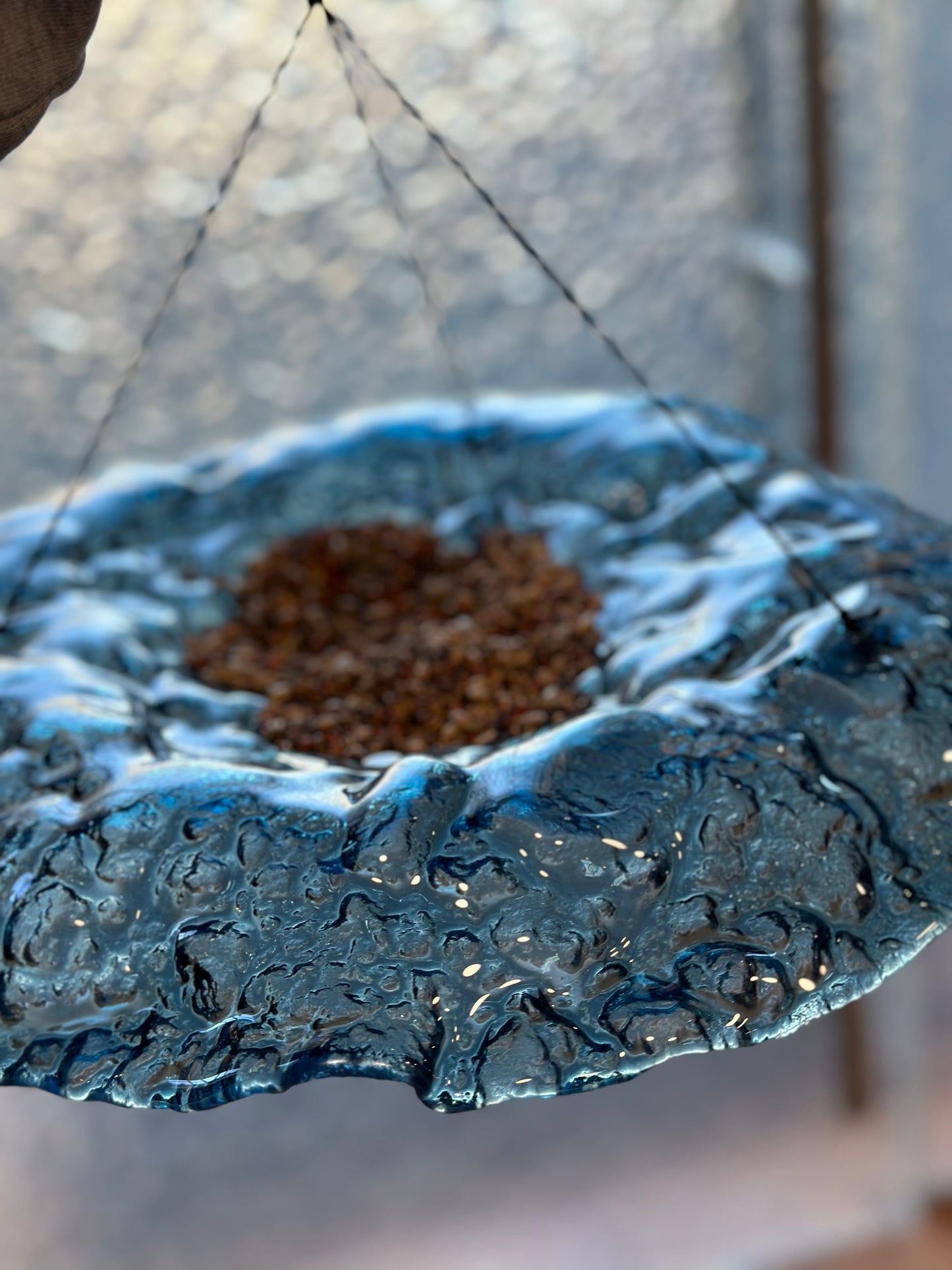 Blue Glass Bird Bath or Bird Feeder