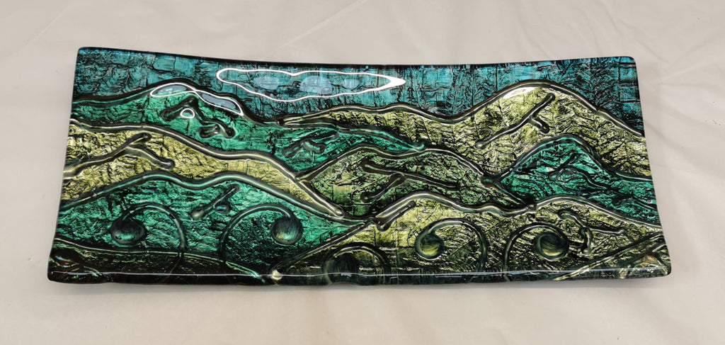 handpainted landscape long tray platter hand painted and hand drawn - made in new zealand - glass - slumped glass
