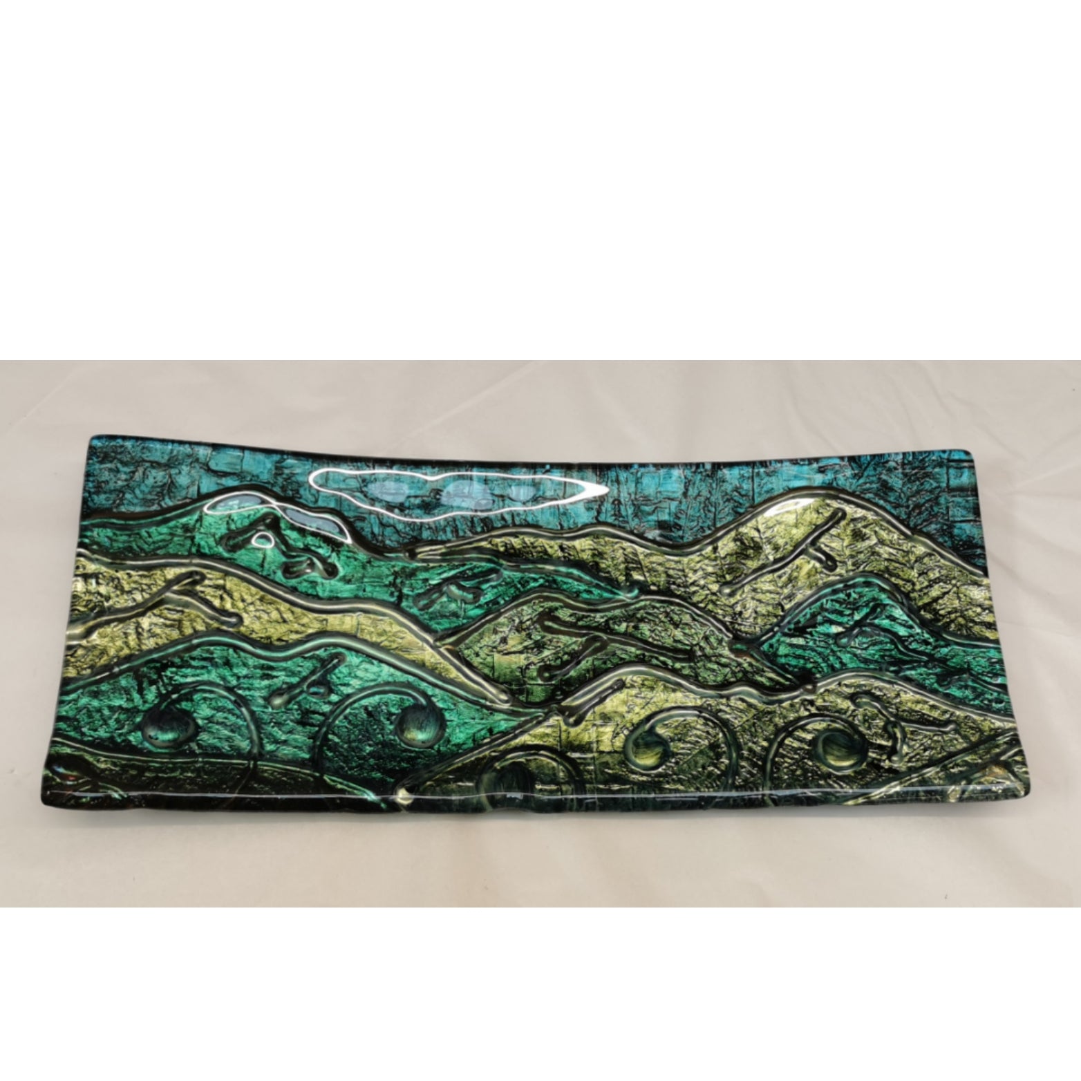 handpainted landscape long tray platter hand painted and hand drawn - made in new zealand - glass - slumped glass