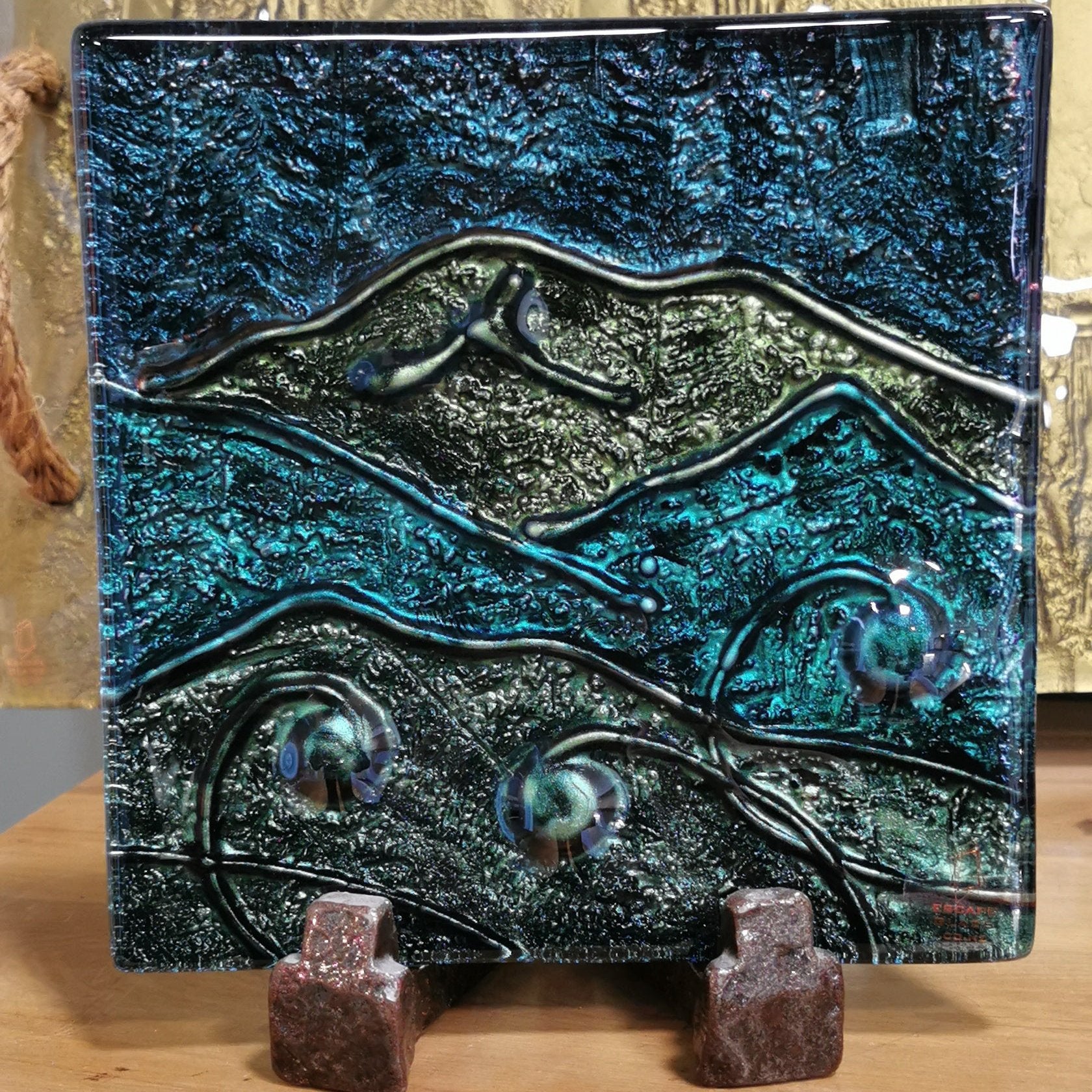 handpainted square tray platter hand painted and hand drawn - made in new zealand - glass - slumped glass