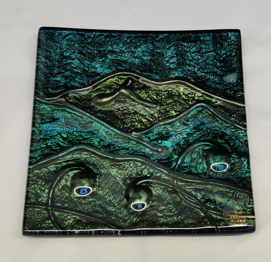 handpainted square tray platter hand painted and hand drawn - made in new zealand - glass - slumped glass