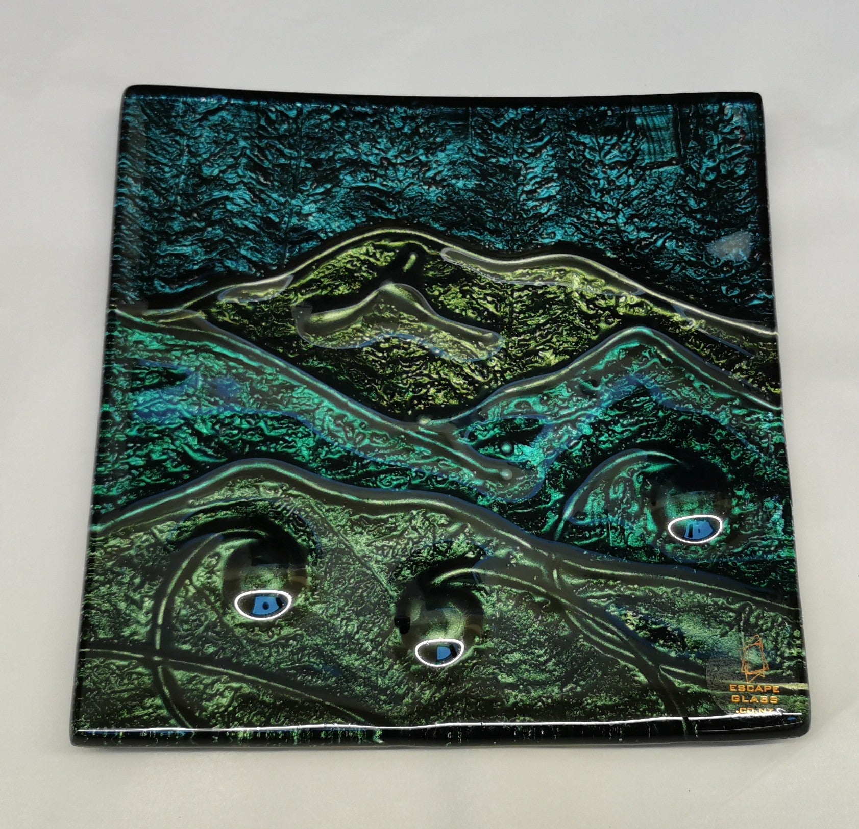 handpainted square tray platter hand painted and hand drawn - made in new zealand - glass - slumped glass
