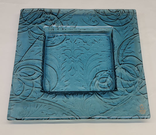 Dished Square Blue Glass - 30cm
