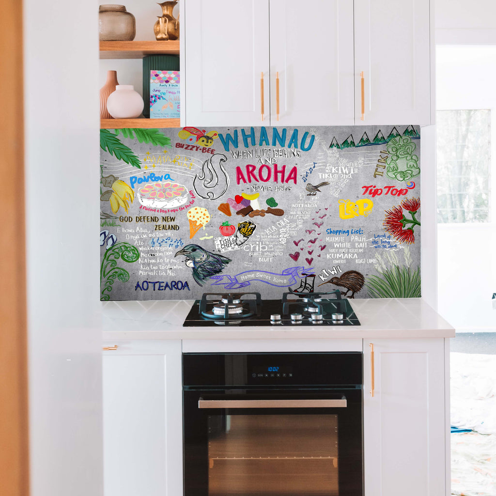 Kiwiana Custom splashback by Ella Sim at Escape Glass