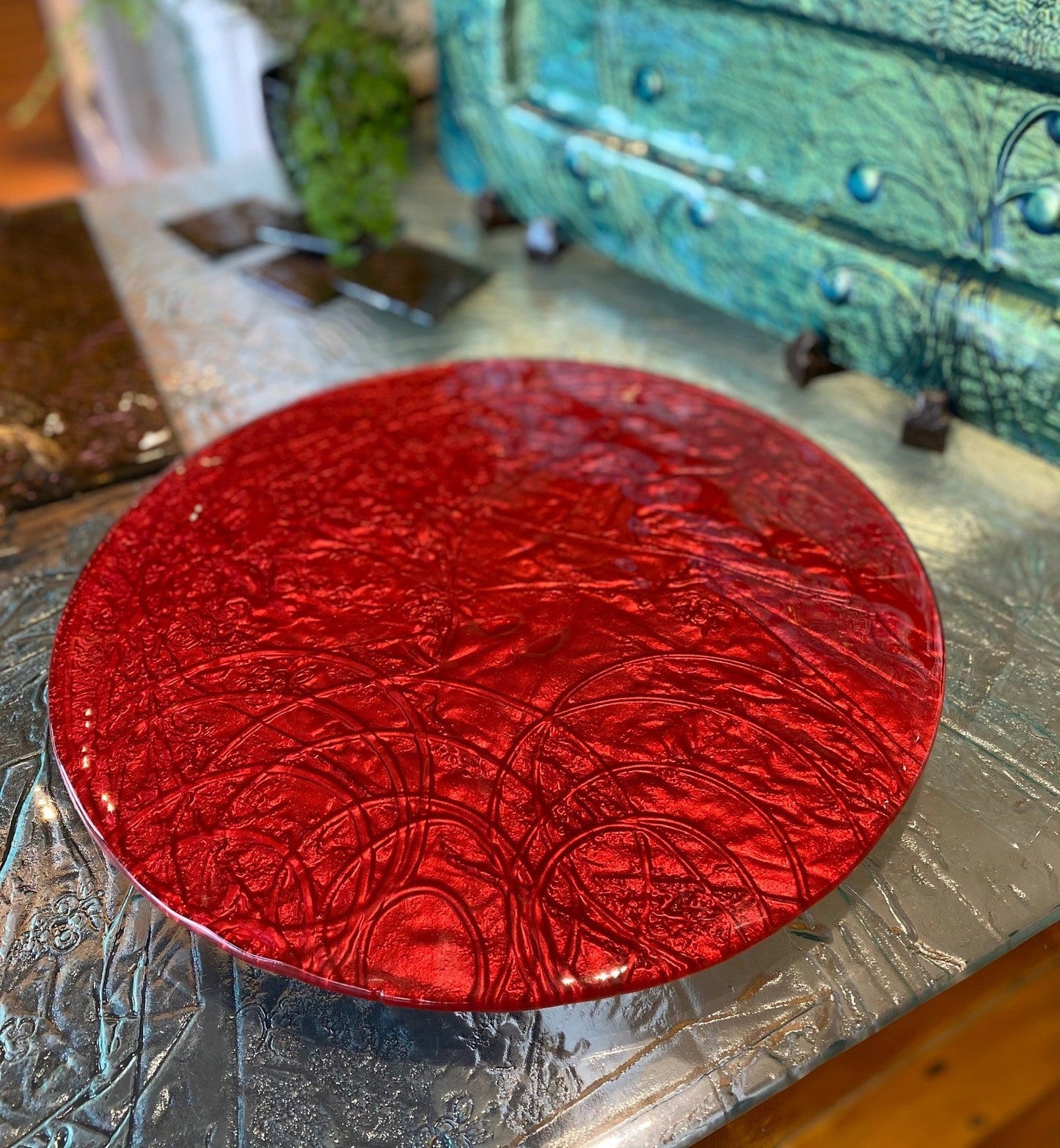 Lazy Susan - Red - Glass platter 