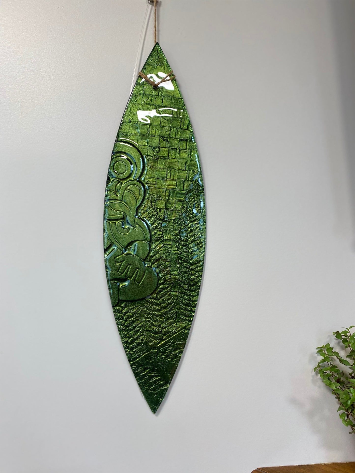 Waka Wall Art - Hei Tiki - Surfboard glass wall hanging - Made in NZ - Escape Glass