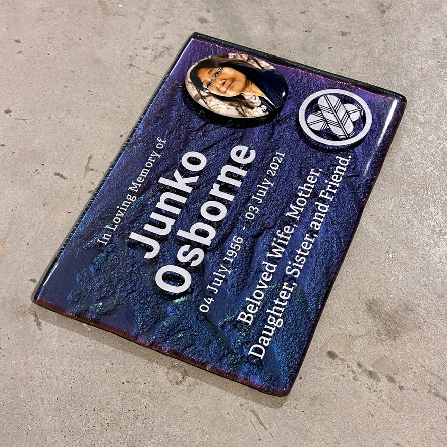 Osborne Twilight slumped glass memorial plaque with ceramic full colour photo