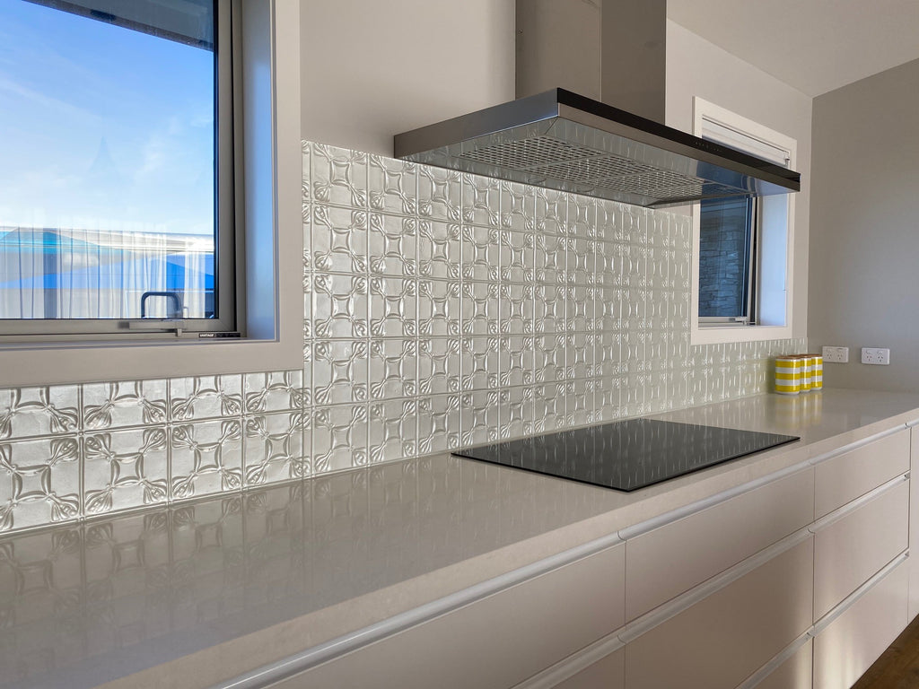 Custom handmade slumped patterned textured glass splashback | safety toughened glass | The Block NZ and Australia