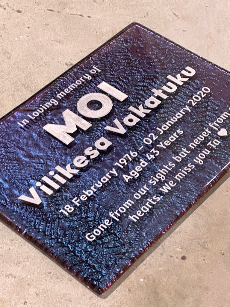 Slumped glass in Twilight memorial plaque NZ Moi