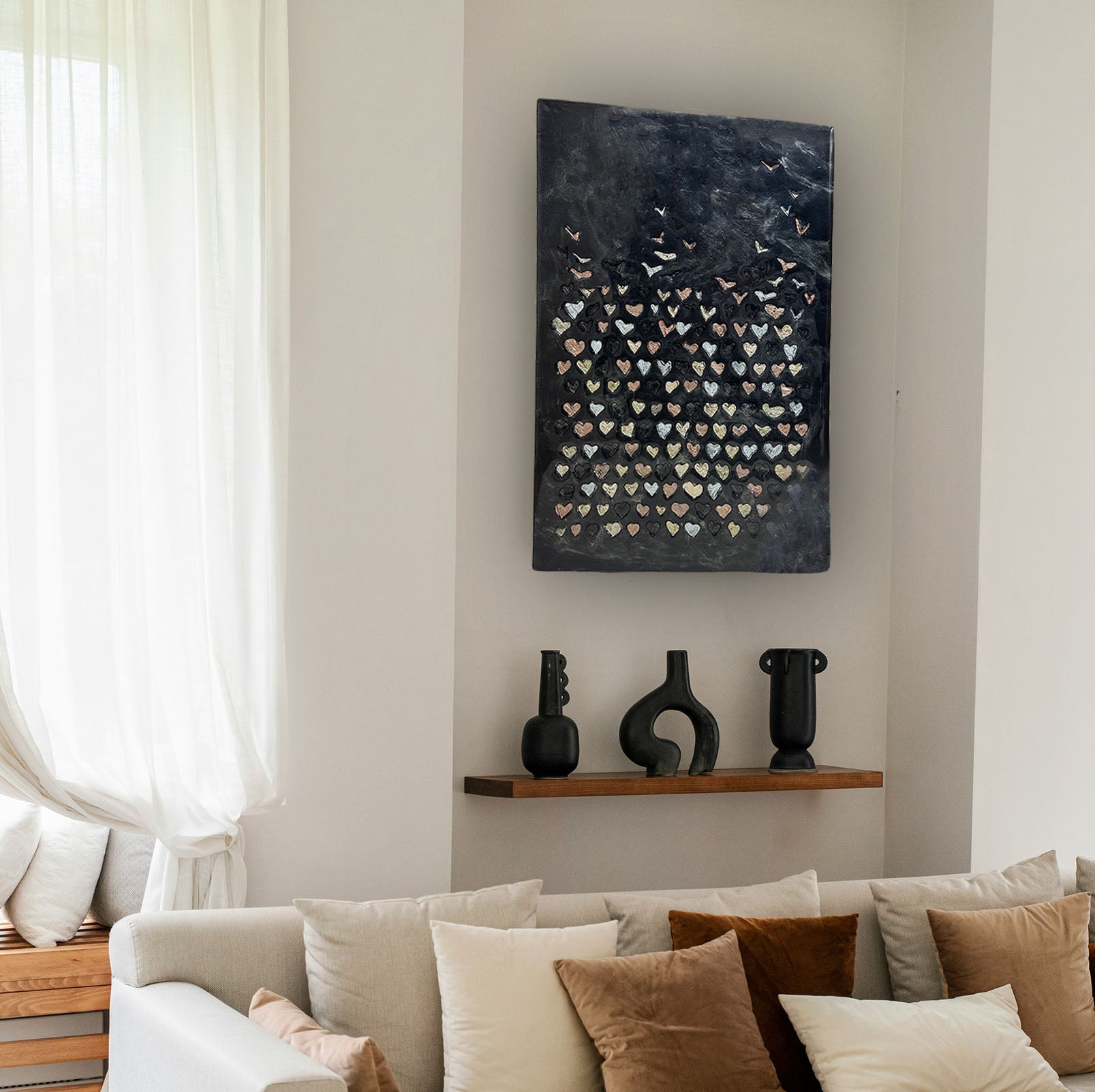 Black Metallic handpainted hearts to birds wall art