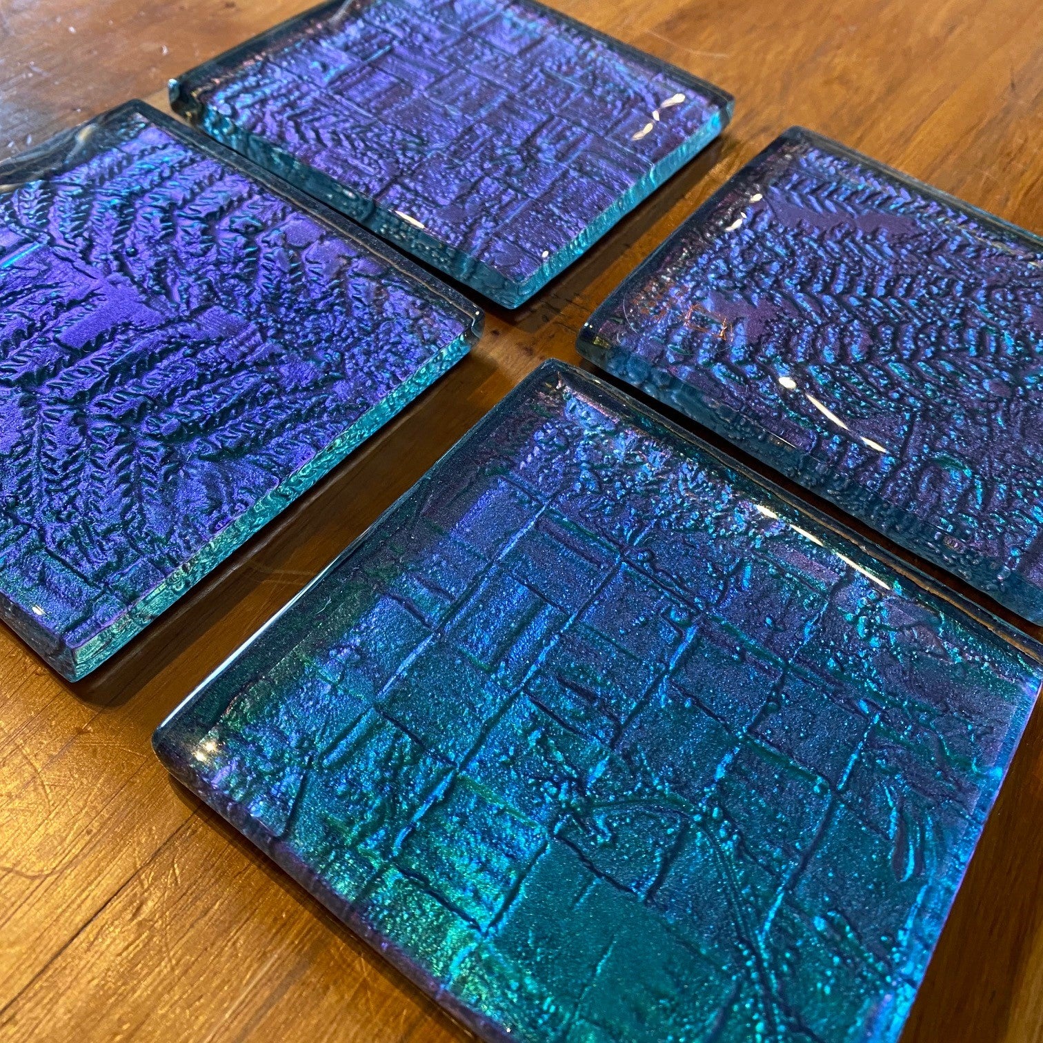 Kaleidoscope kiwiana fern and flax glass drinking coaster
