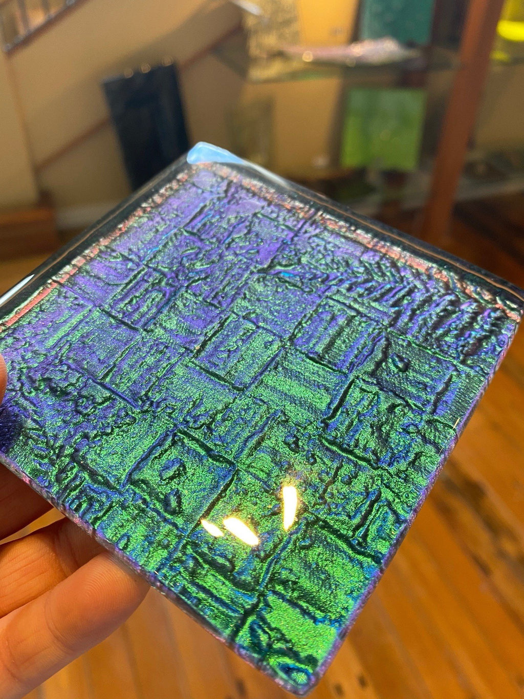 Kaleidoscope kiwiana fern and flax glass drinking coaster