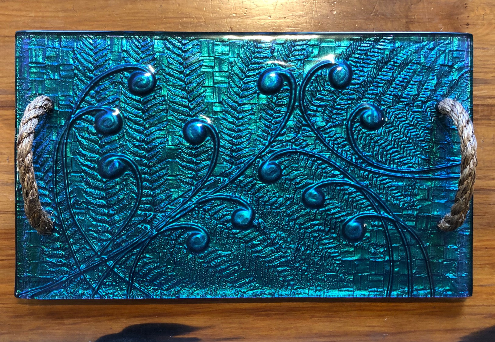 giftware homeware serveware grazing platter rope handle tray glass handmade in New Zealand Koru Fern Kaleidoscope kiwiana