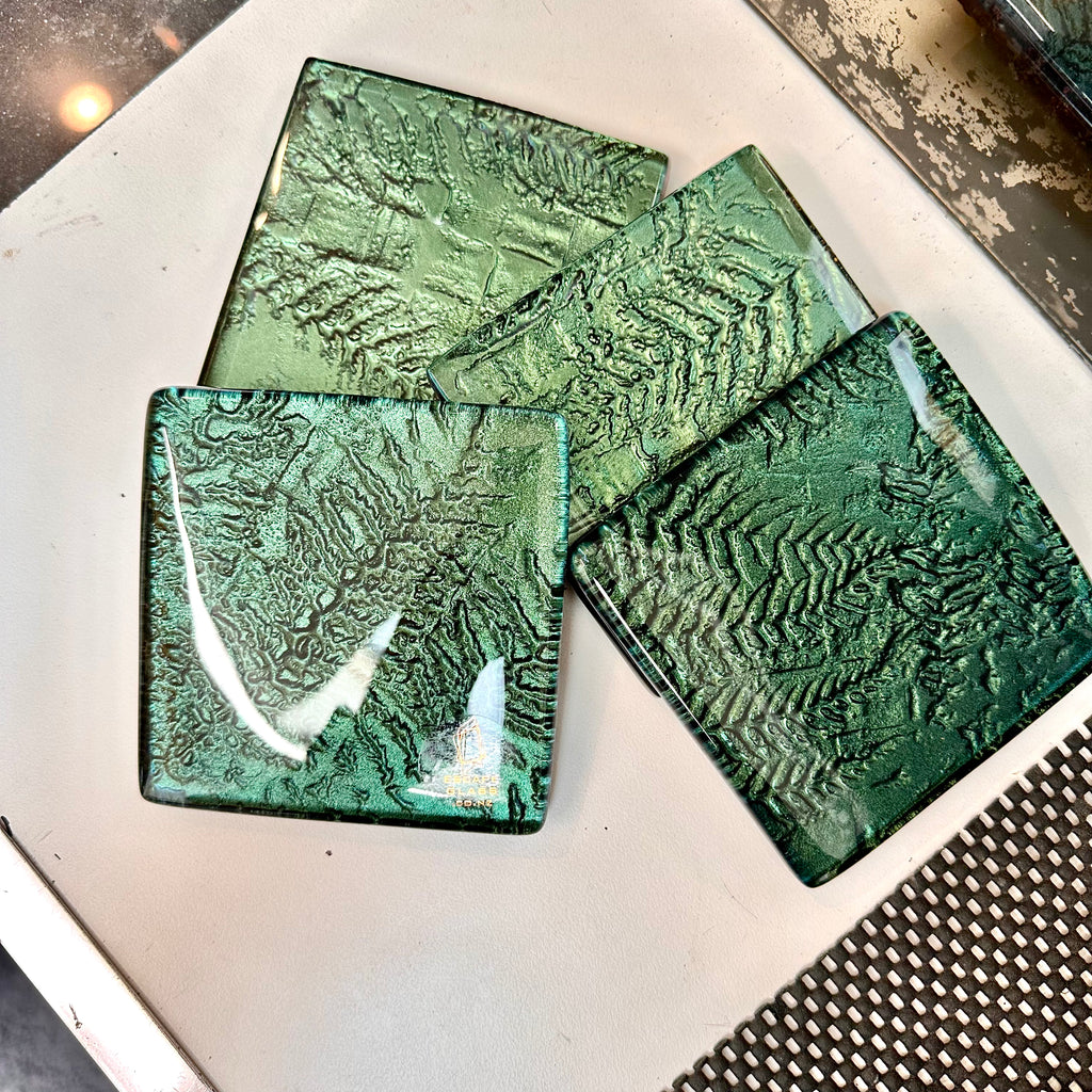 Kelly Green Flax and Fern set of 4 coasters