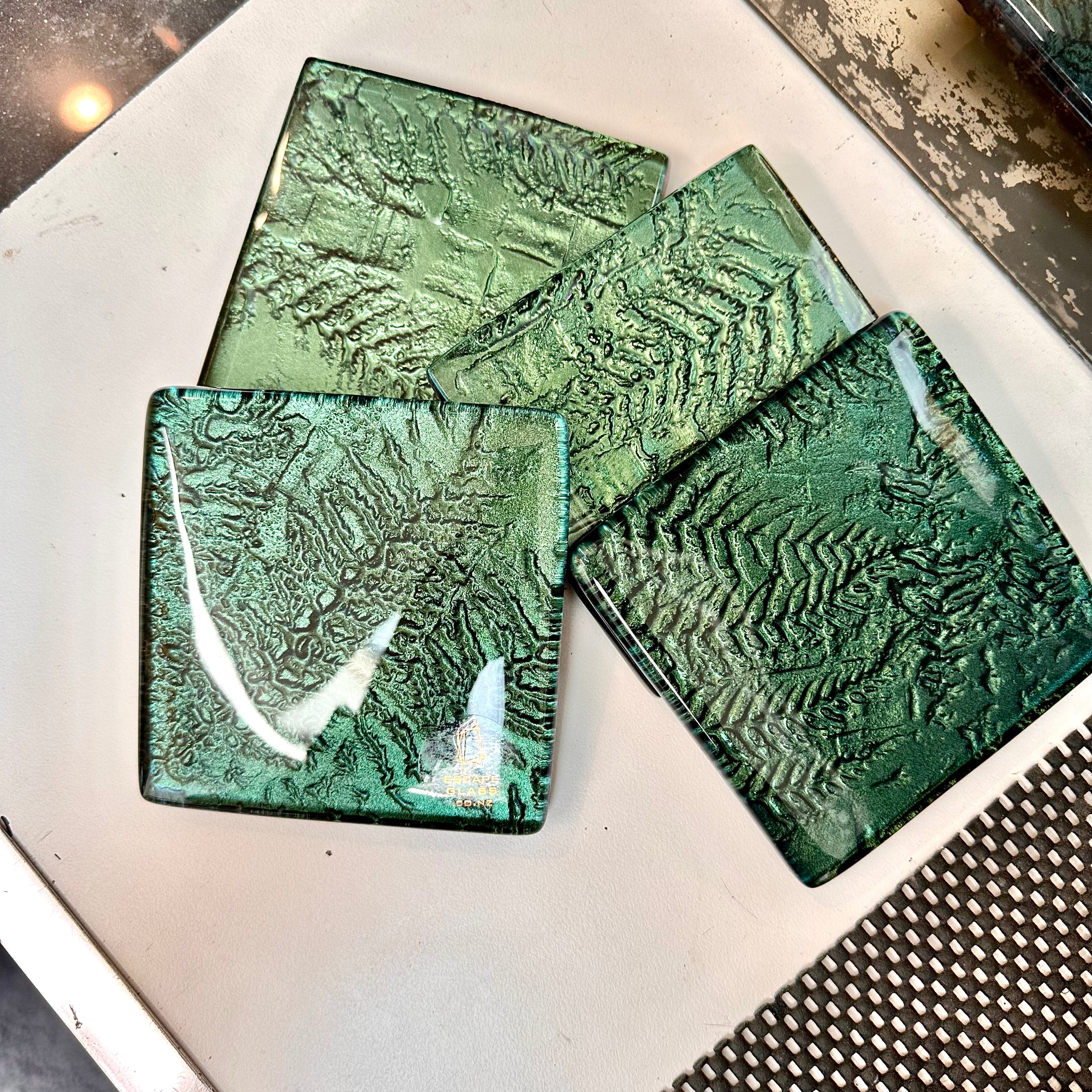 Kelly Green Flax and Fern set of 4 coasters