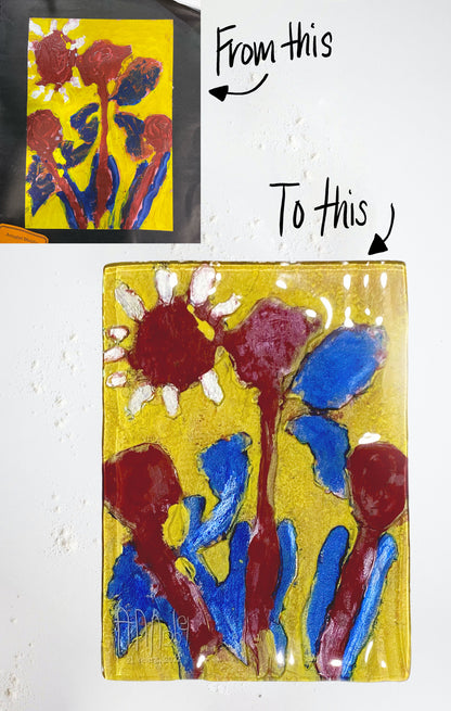 Childrens drawing made into glass art