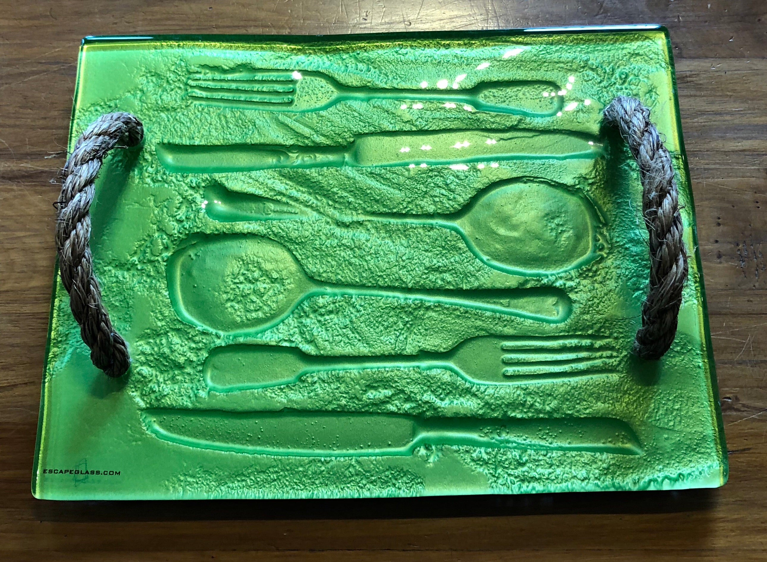 Green Cutlery glass print tray serveware platter with rope handles 
