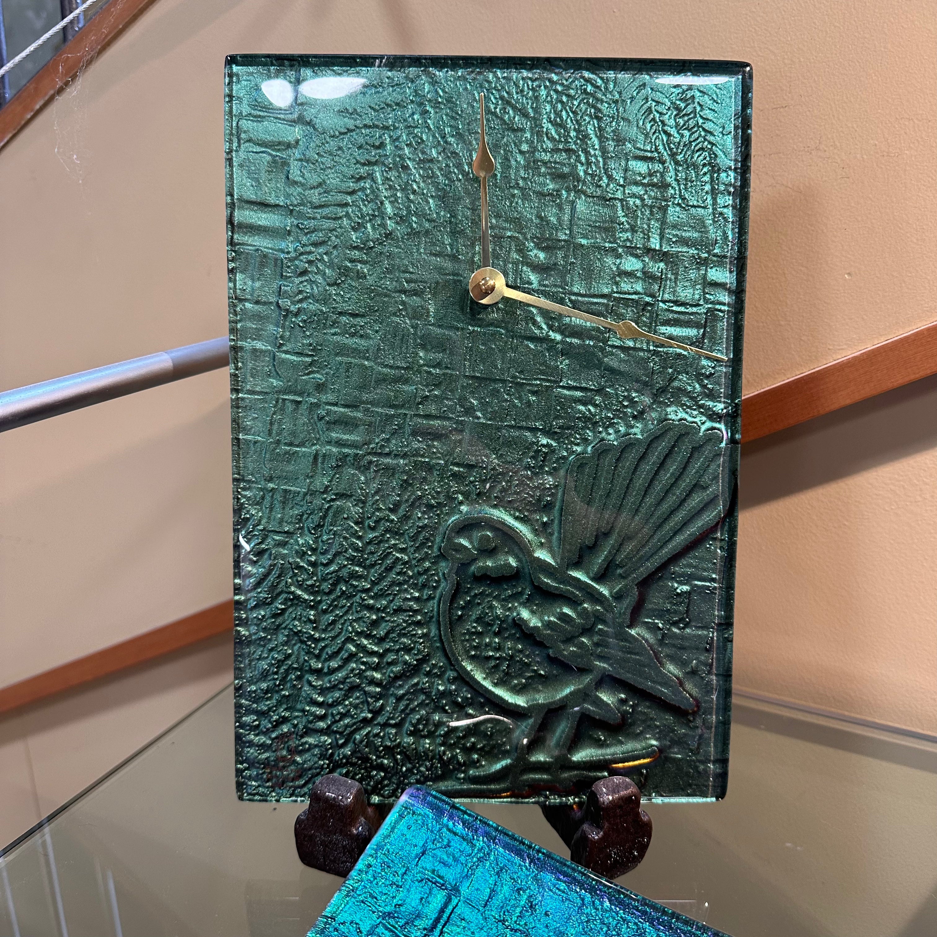 Fantail Piwakawaka Glass Clock handmade in NZ - Escape Glass