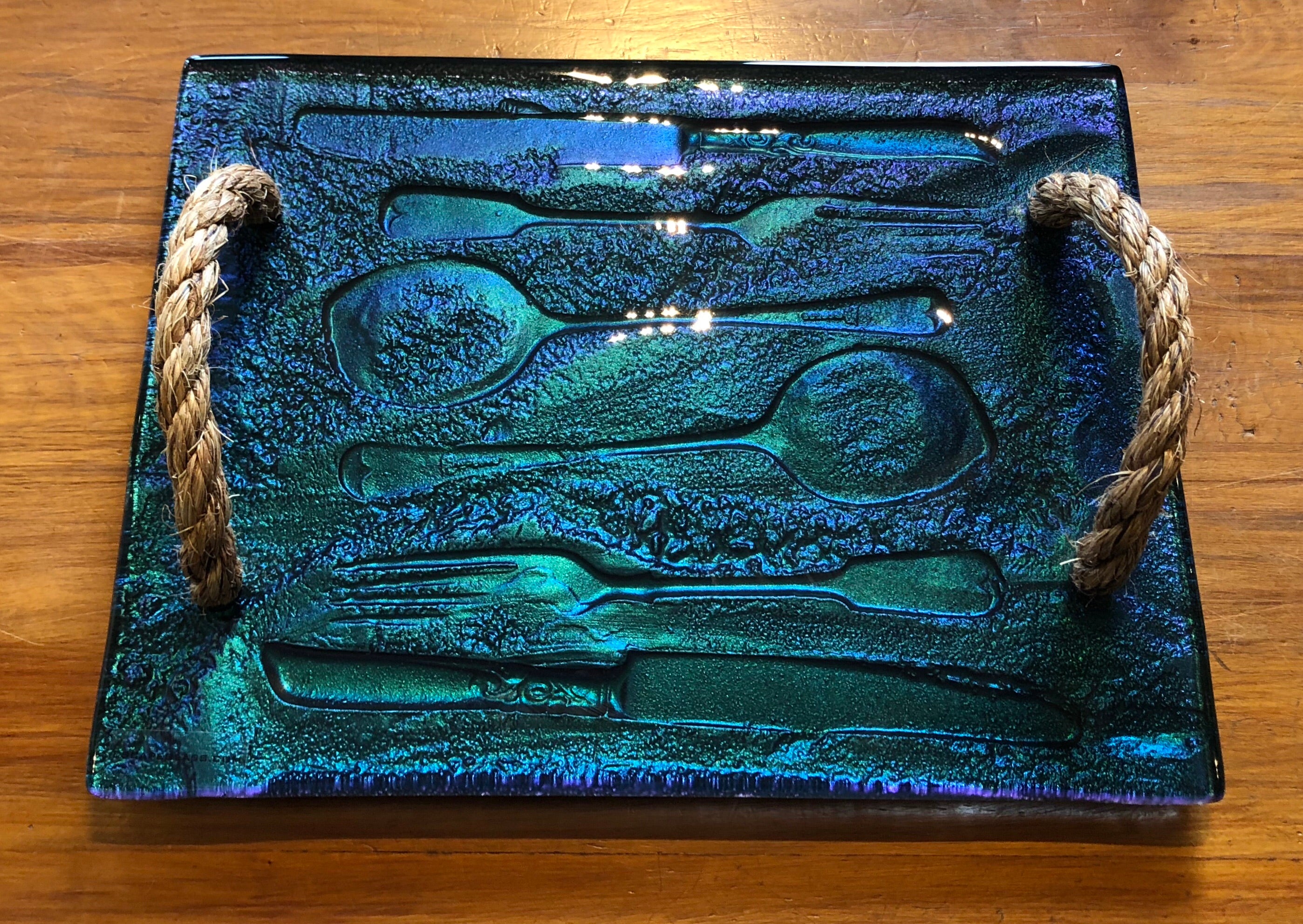 giftware homeware serveware grazing platter rope handle tray glass handmade in New Zealand Koru Fern Kaleidoscope