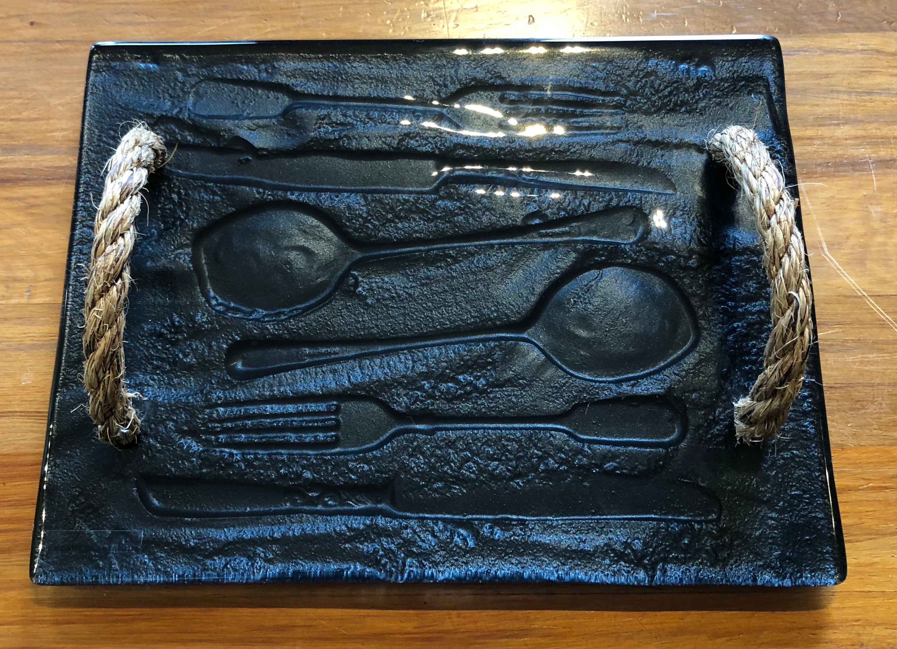 Black Cutlery Glass print tray serveware platter with rope handles 