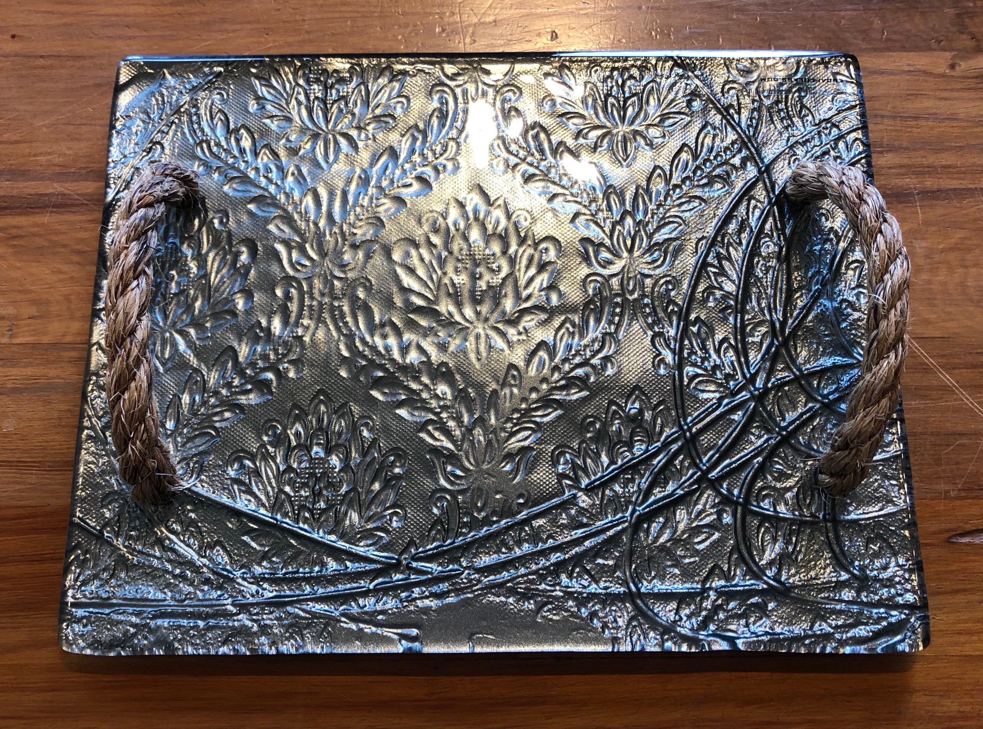 Gunmetal Grey Conformity glass print tray serveware platter with rope handles 