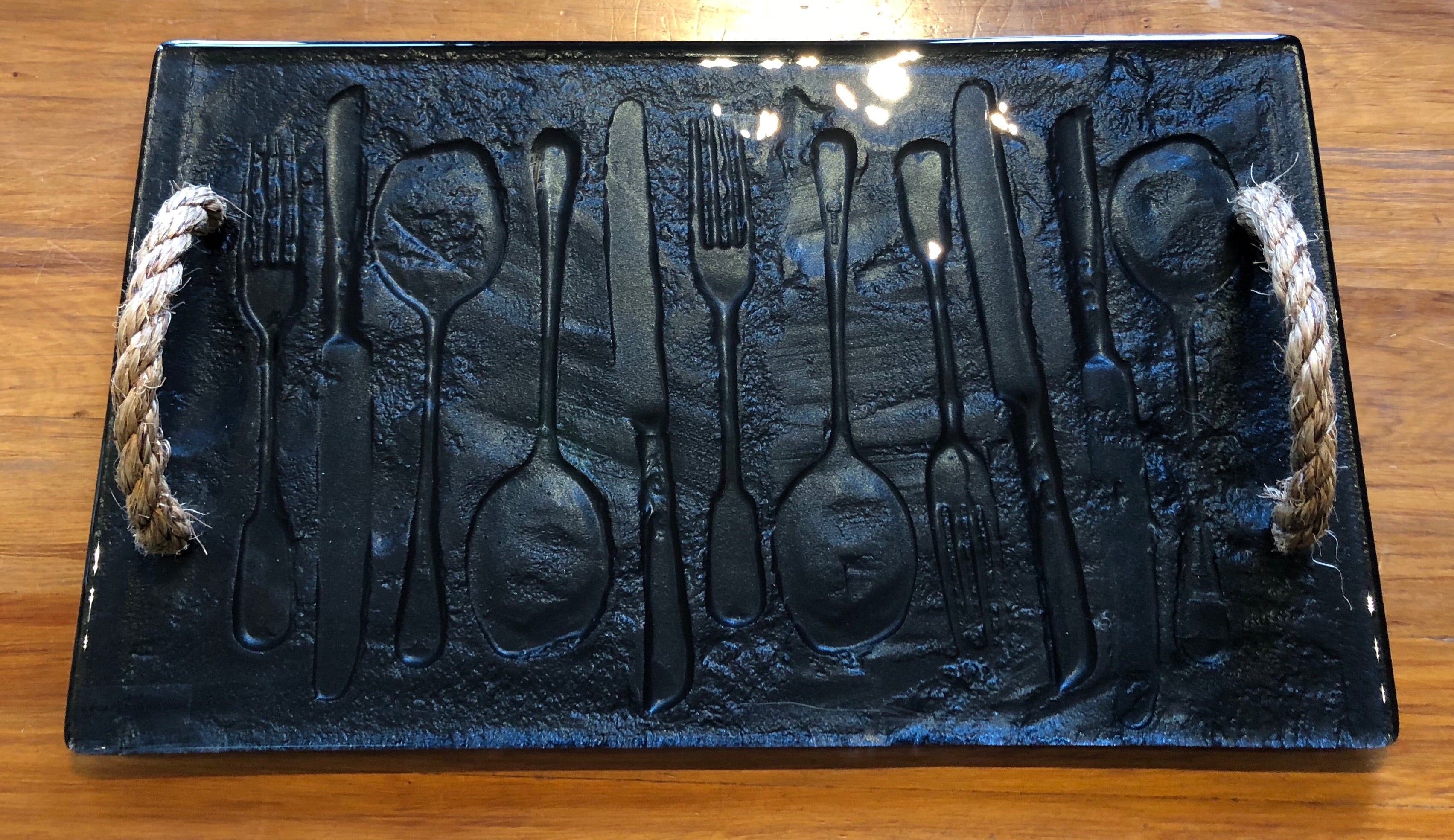 Black Cutlery large Glass print tray serveware platter with rope handles 