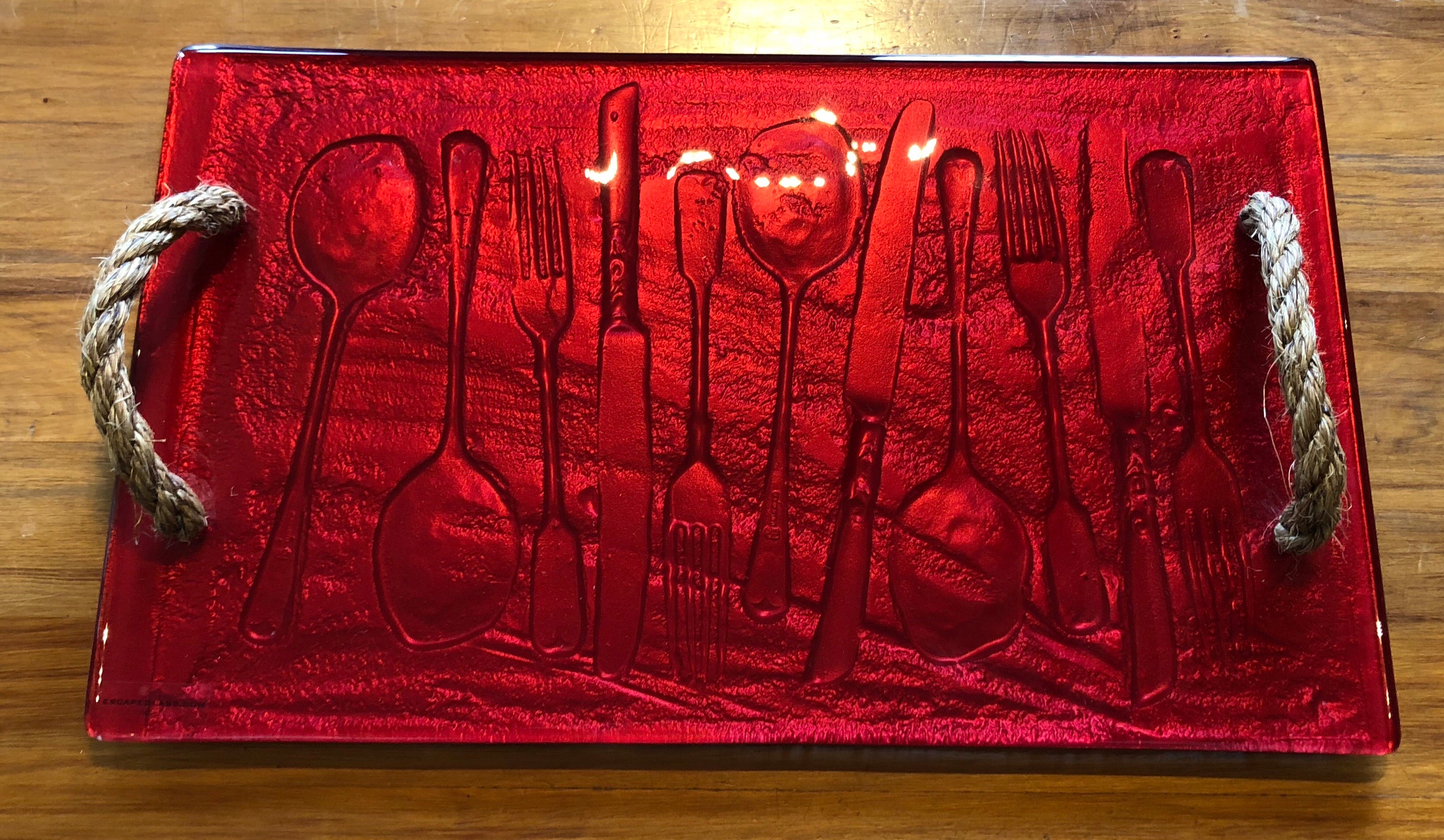 Red Cutlery large Glass print tray serveware platter with rope handles 