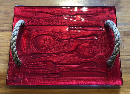 Red Glass print tray serveware platter with rope handles 