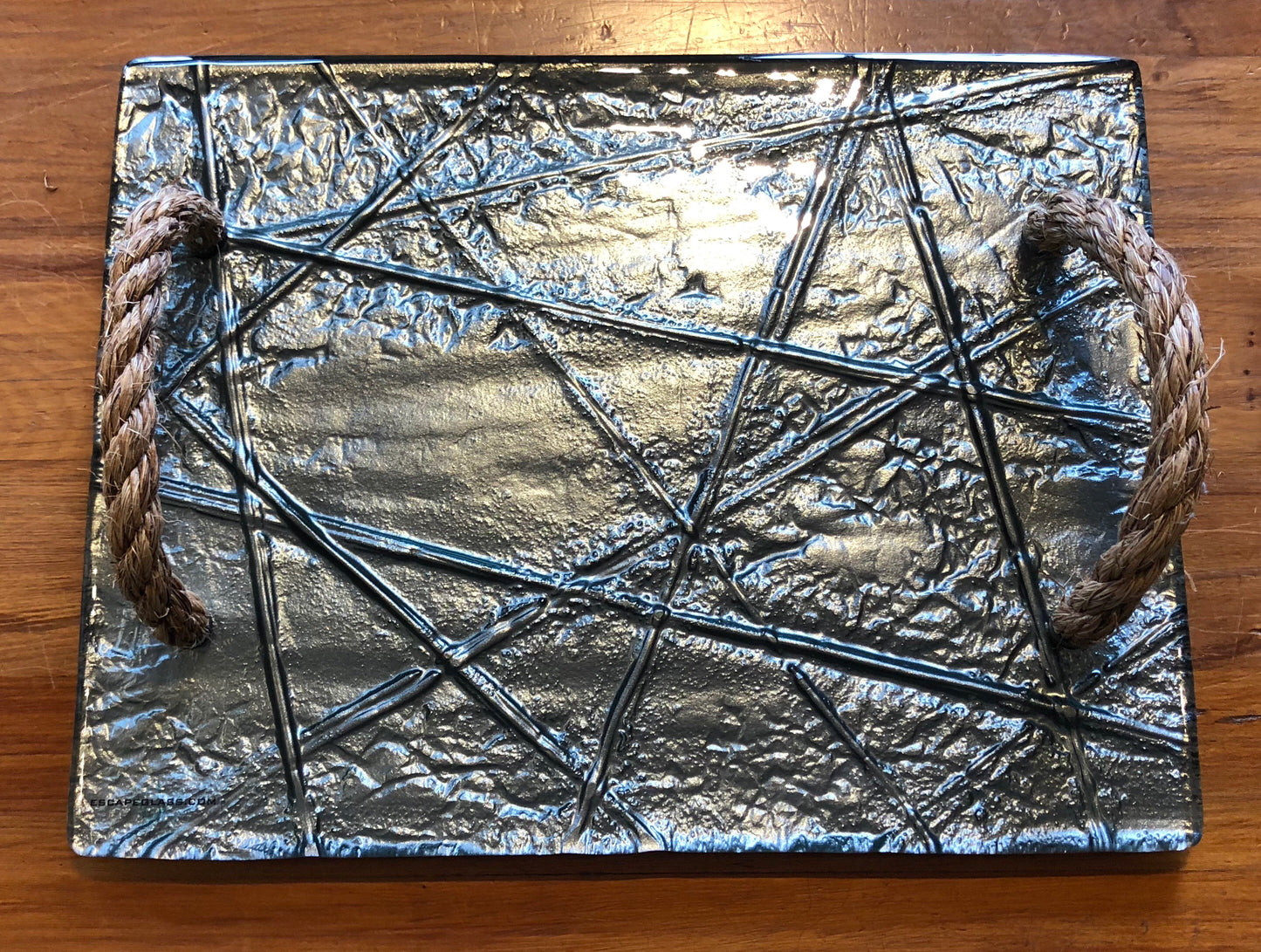 Gunmetal Grey Rope glass print tray serveware platter with rope handles 