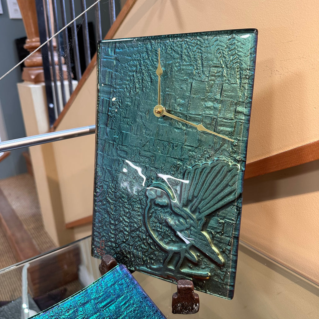 Fantail Piwakawaka Glass Clock handmade in NZ - Escape Glass