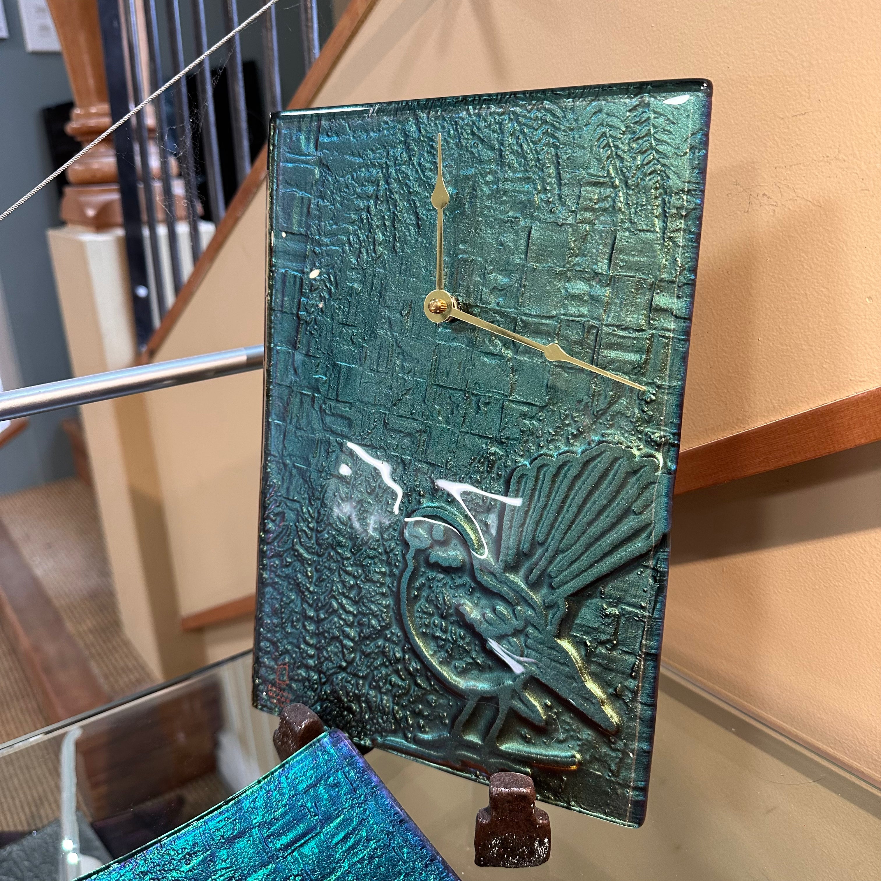 Fantail Piwakawaka Glass Clock handmade in NZ - Escape Glass