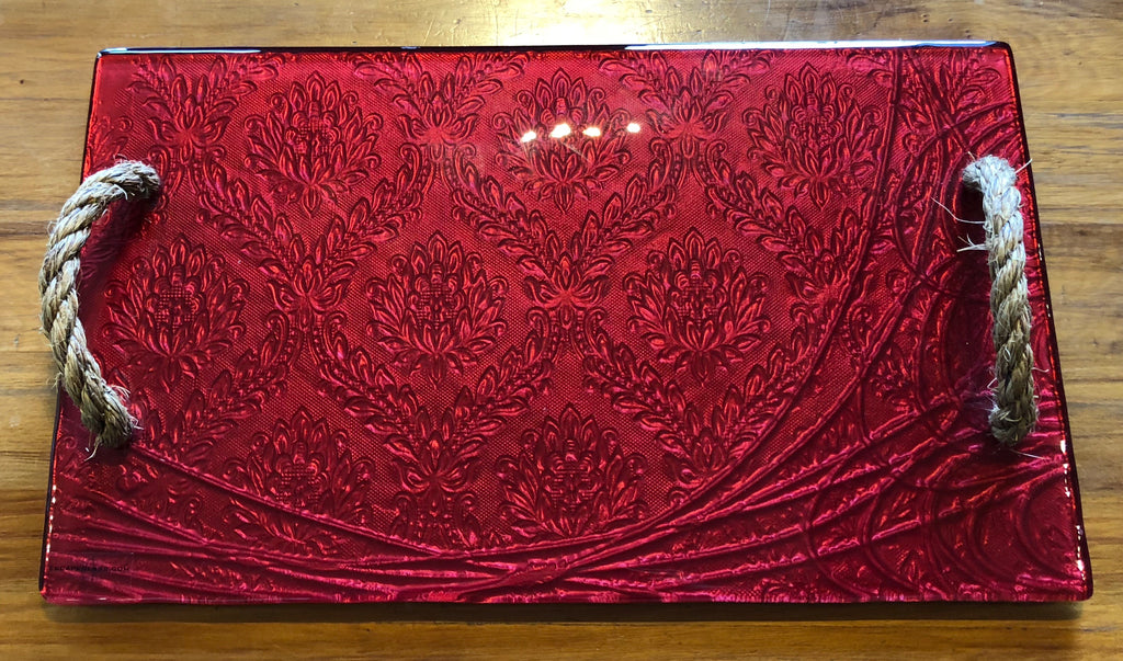 Red Conformity large Glass print tray serveware platter with rope handles 