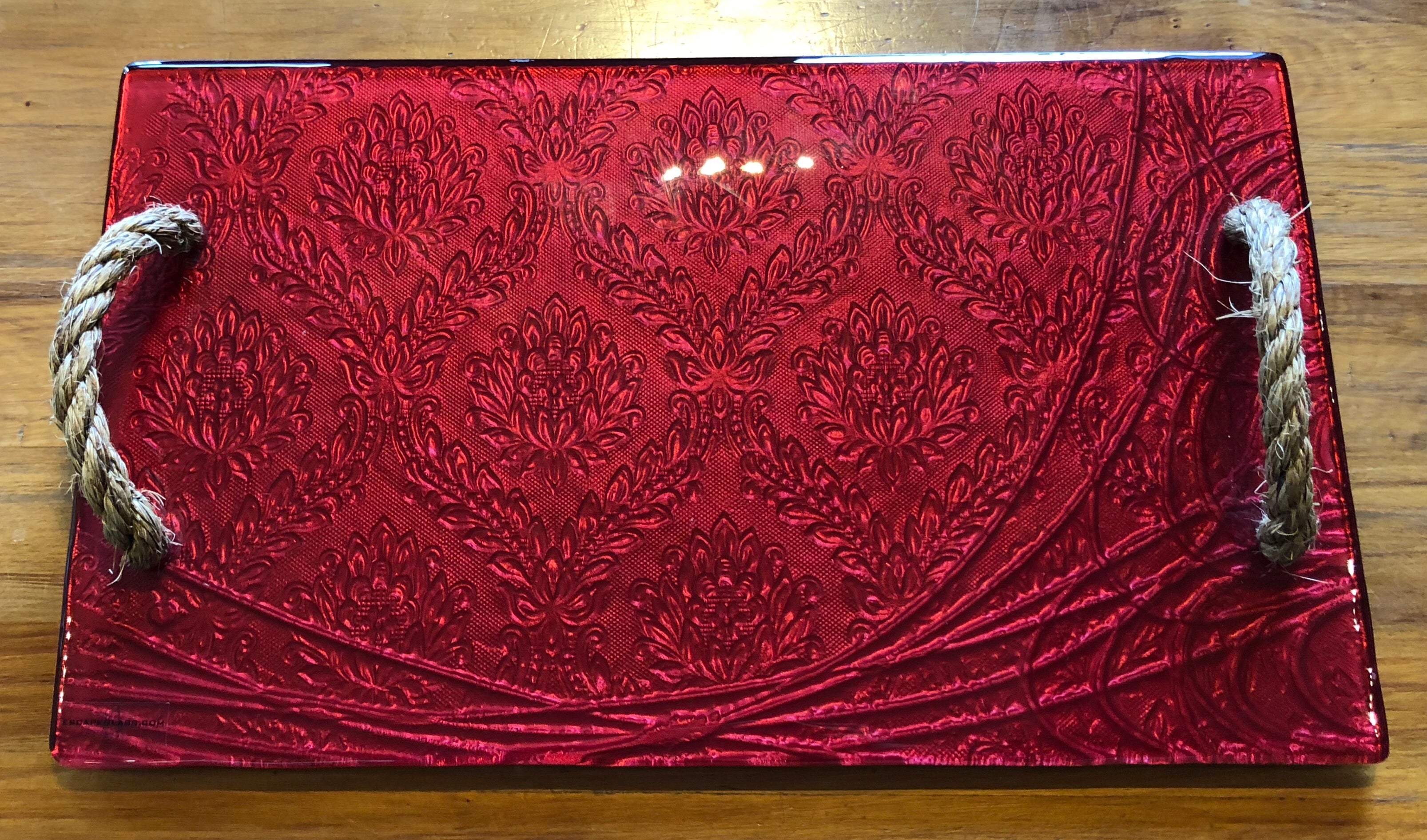 Red Conformity large Glass print tray serveware platter with rope handles 