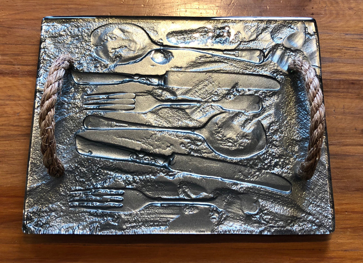 Gunmetal Grey Cutlery glass print tray serveware platter with rope handles 