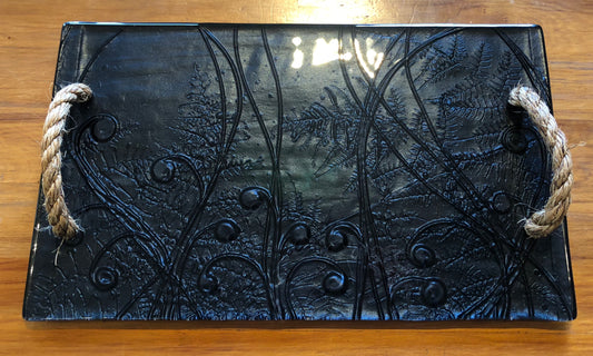 Black Koru Fern large Glass print tray serveware platter with rope handles 