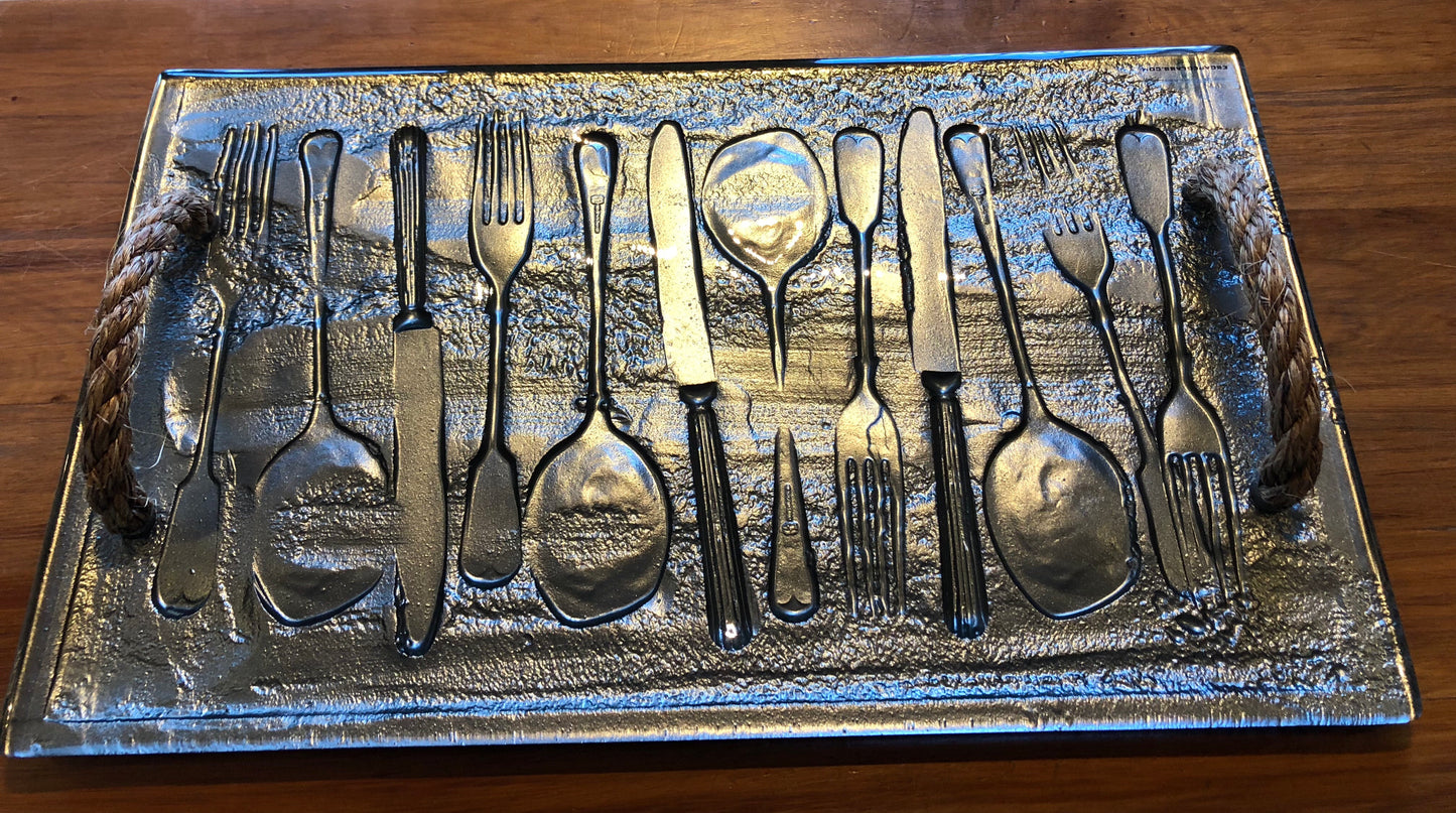 Gunmetal Grey Cutlery large glass print tray serveware platter with rope handles 