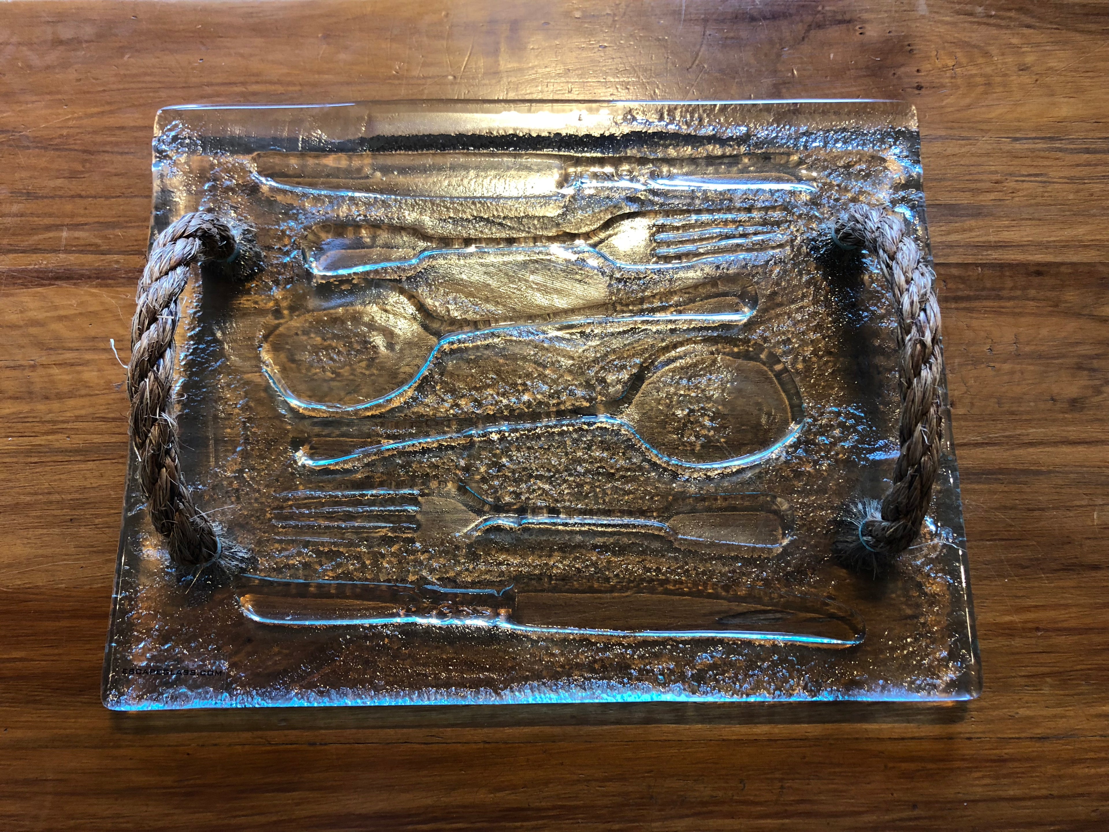 Clear Glass cutlery print tray serveware platter with rope handles  Giftware homeware 