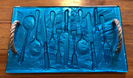 Turquoise Blue cutlery large glass print tray serveware platter with rope handles 